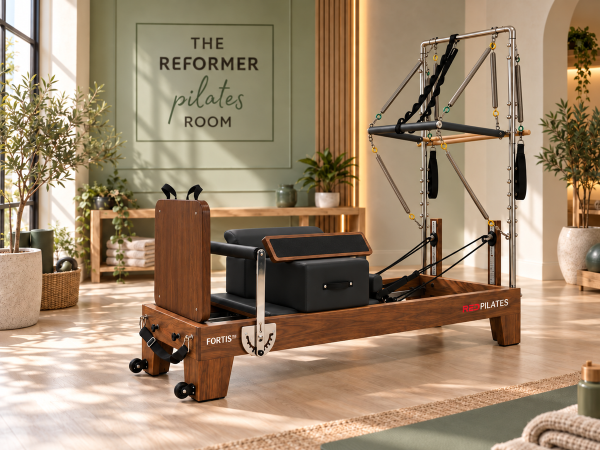Image shown is a concept visual representing the RED Pilates studio style and environment for The Reformer Pilates Room in Leek with the RED Pilates  Fortis Plus- Reformer in Walnut wood with Tower created by Athleticum in the UK