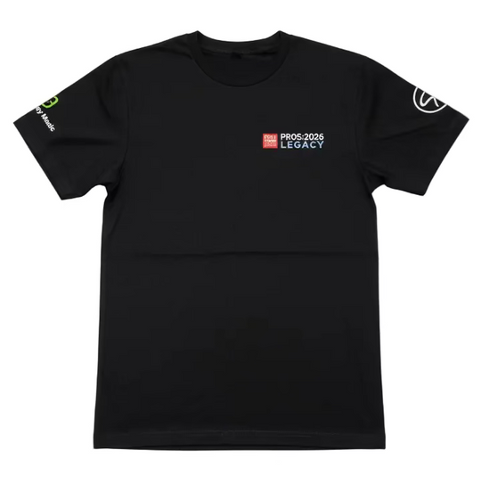 PROS Legacy Event Black t-shirt with logos on sleeves against a clear backgrond.