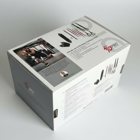 Product packaging box with branding on a table