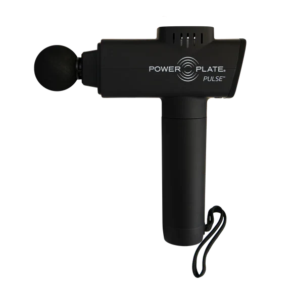 Black massage gun with 'Power Plate' branding on a white background