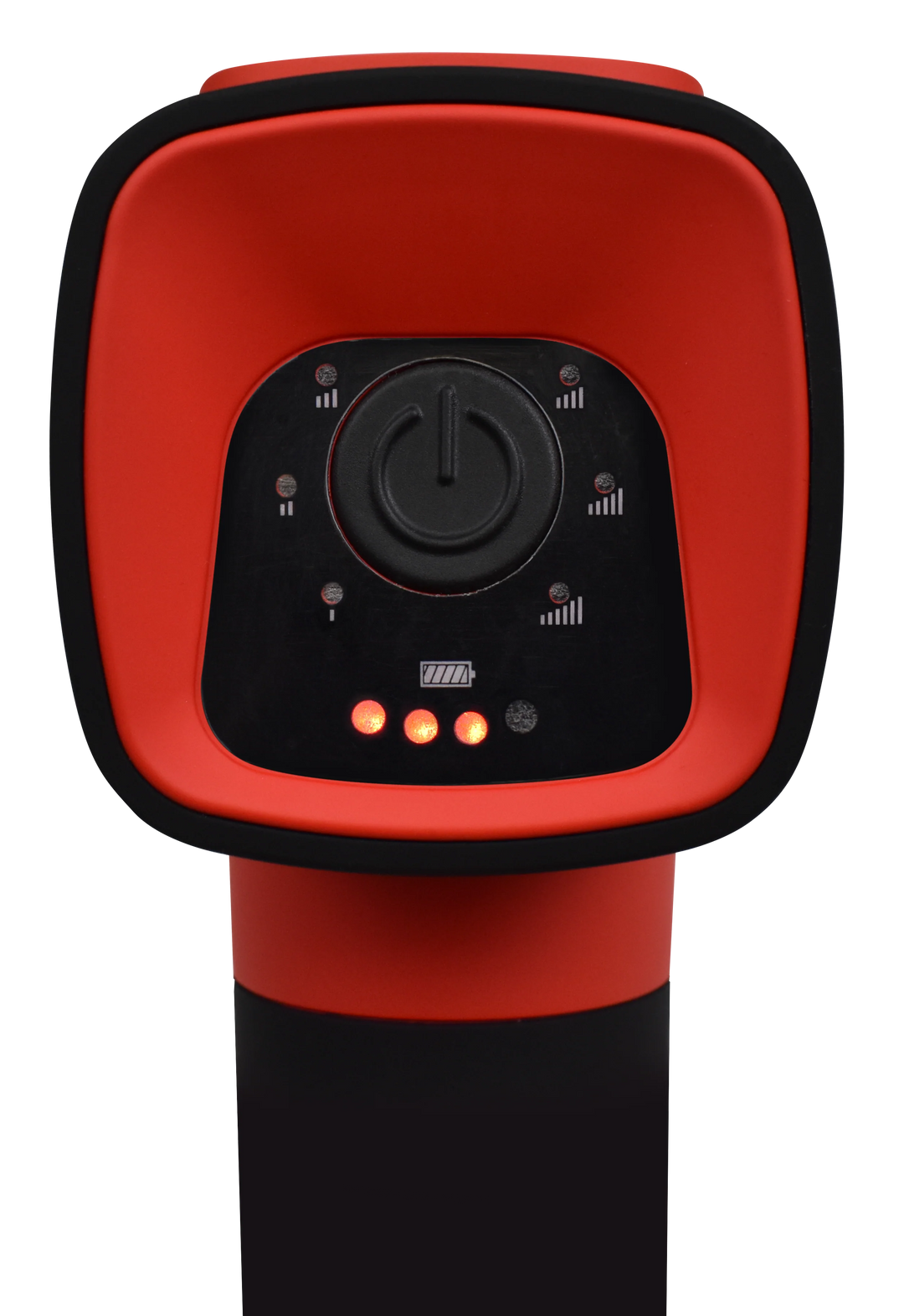 Red and black handheld device with power button and indicator lights on a white background