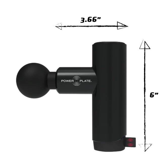 Black Power Plate Mini massage gun with measurements on a white background